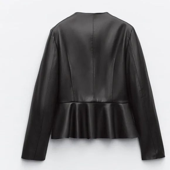 NWT. Zara Black Faux Leather Peplum Blazer/Jacket. Size L, XL. - Picture 7 of 16